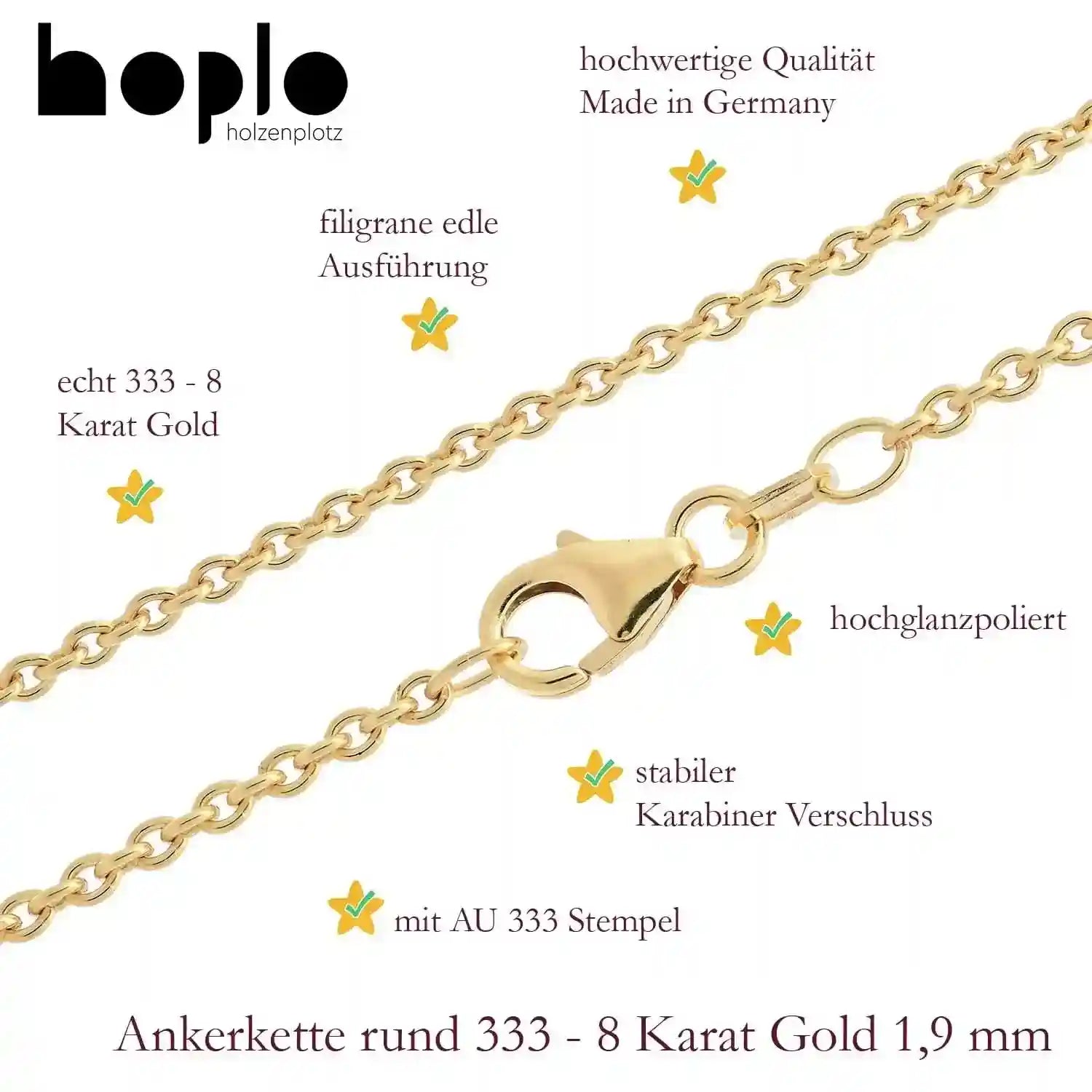 Goldkette Ankerkette rund Halskette Breite 1,9 mm - 333 - 8 Karat Gold - Firma Holzenplotz - Silberketten-Goldketten.de 