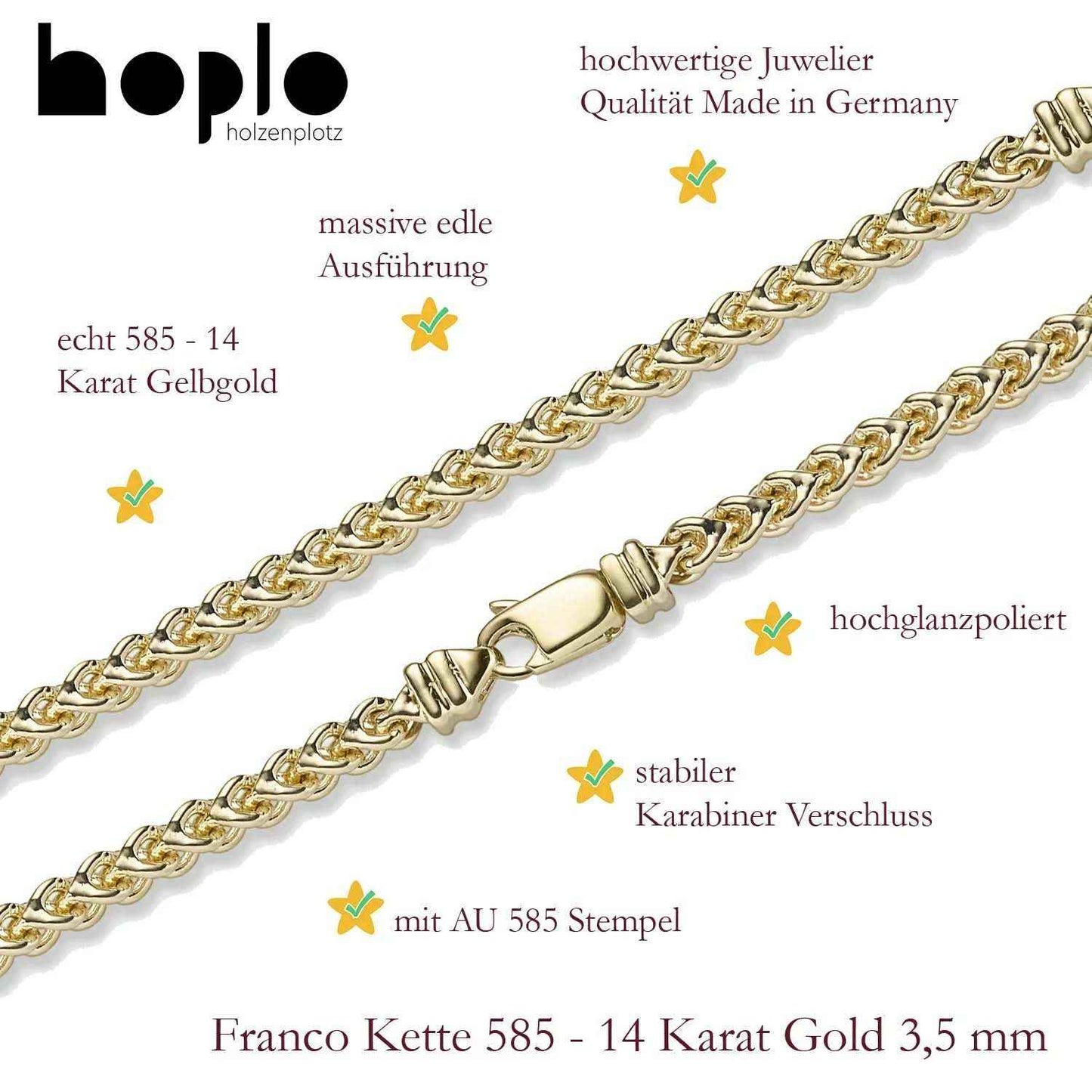 Goldkette Franco Halskette Breite 3,5 mm massiv 585-14 Karat Gold - Firma Holzenplotz - Silberketten-Goldketten.de 
