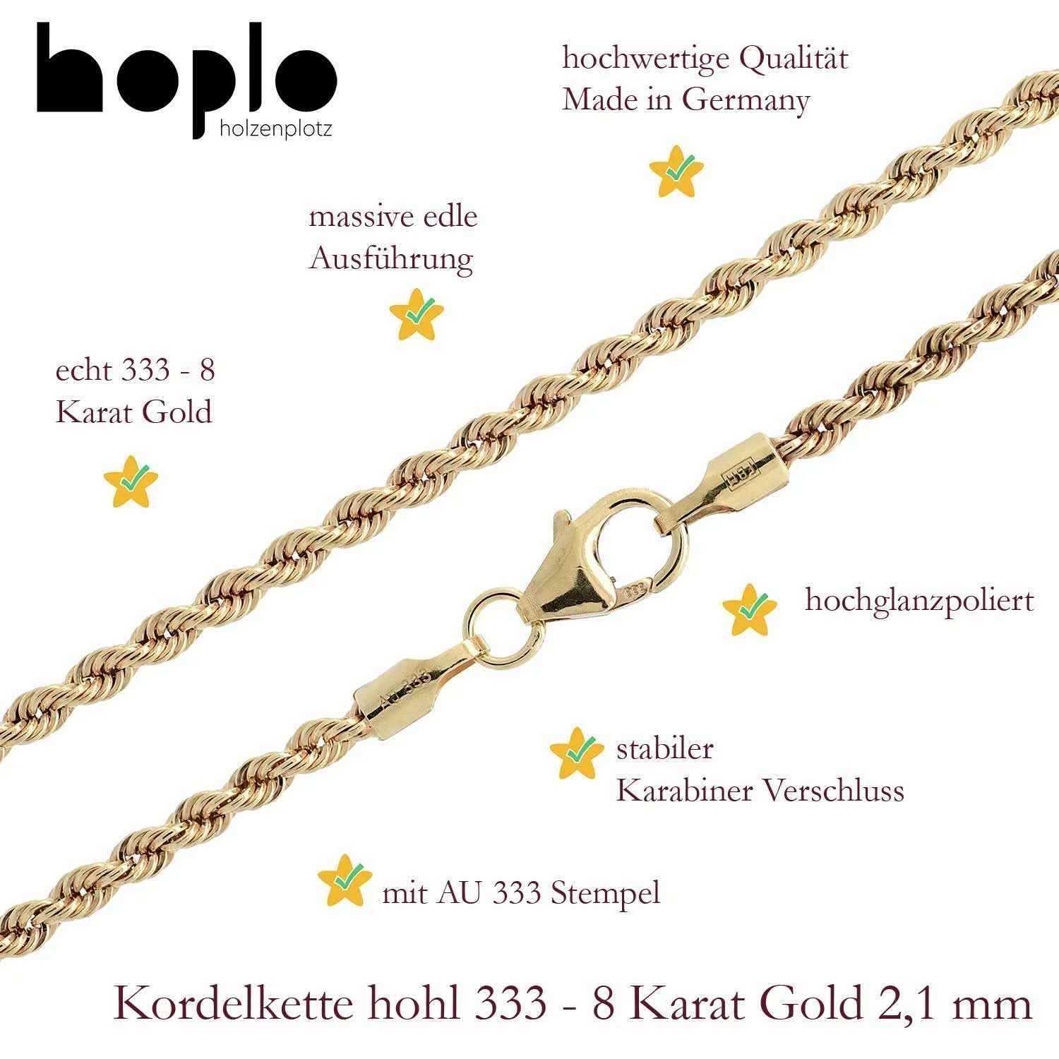 Goldkette Kordelkette hohl Halskette Breite 2,1 mm - 333-8 Karat Gold - Firma Holzenplotz - Silberketten-Goldketten.de 