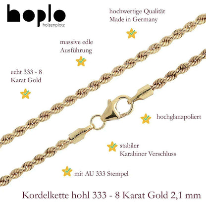 Goldkette Kordelkette hohl Halskette Breite 2,1 mm - 333-8 Karat Gold - Firma Holzenplotz - Silberketten-Goldketten.de 
