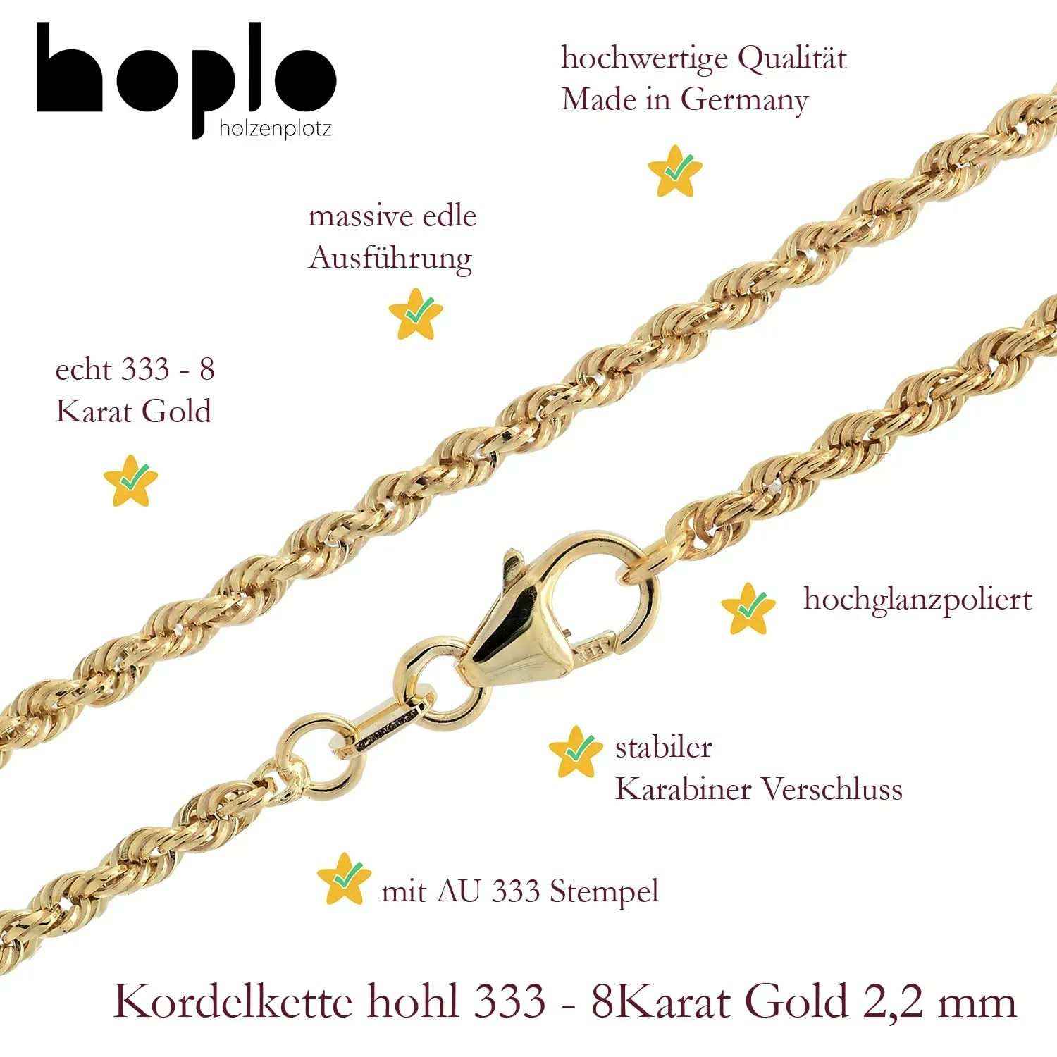 Goldkette Kordelkette hohl Halskette Breite 2,2 mm - 333-8 Karat Gold - Firma Holzenplotz - Silberketten-Goldketten.de 