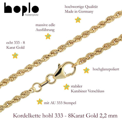 Goldkette Kordelkette hohl Halskette Breite 2,2 mm - 333-8 Karat Gold - Firma Holzenplotz - Silberketten-Goldketten.de 