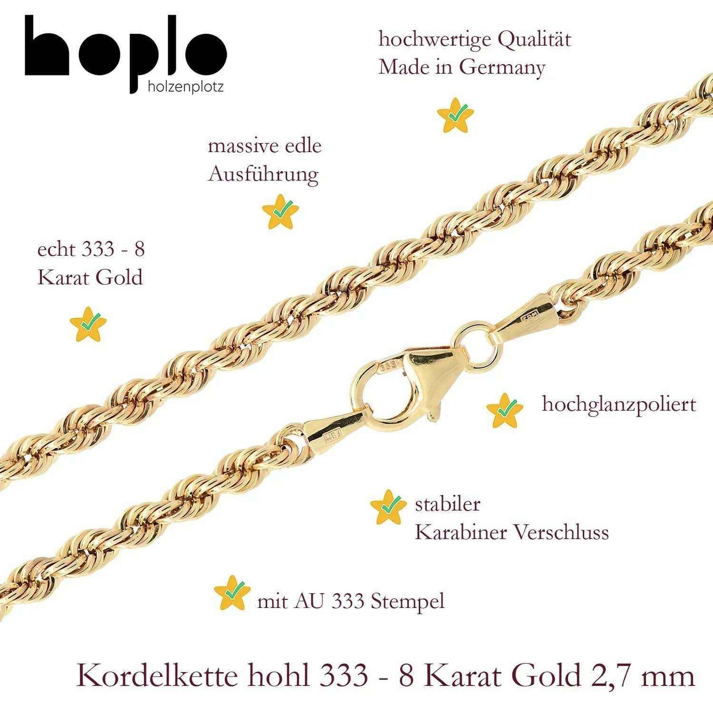 Goldkette Kordelkette hohl Halskette Breite 2,7 mm - 333-8 Karat Gold - Firma Holzenplotz - Silberketten-Goldketten.de 
