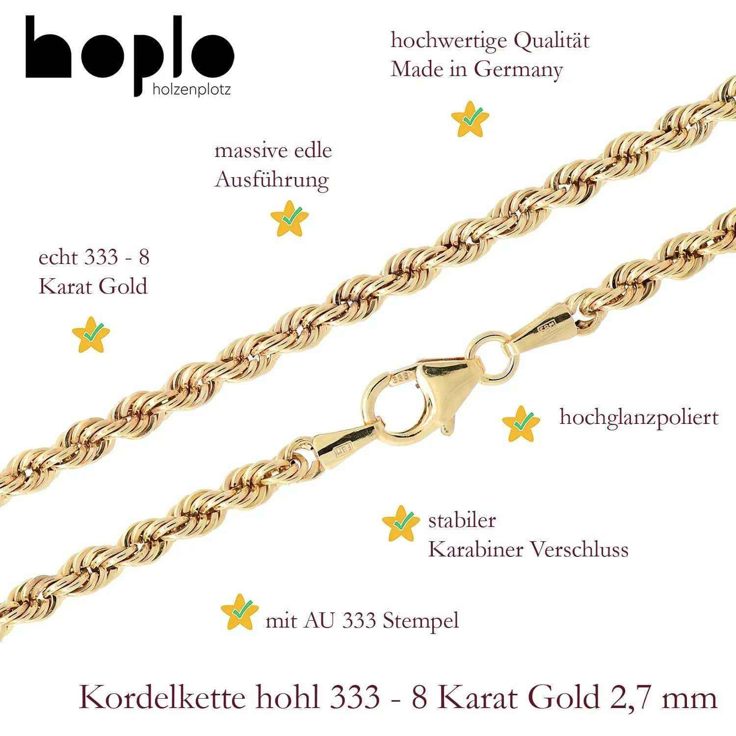 Goldkette Kordelkette hohl Halskette Breite 2,7 mm - 333-8 Karat Gold - Firma Holzenplotz - Silberketten-Goldketten.de 