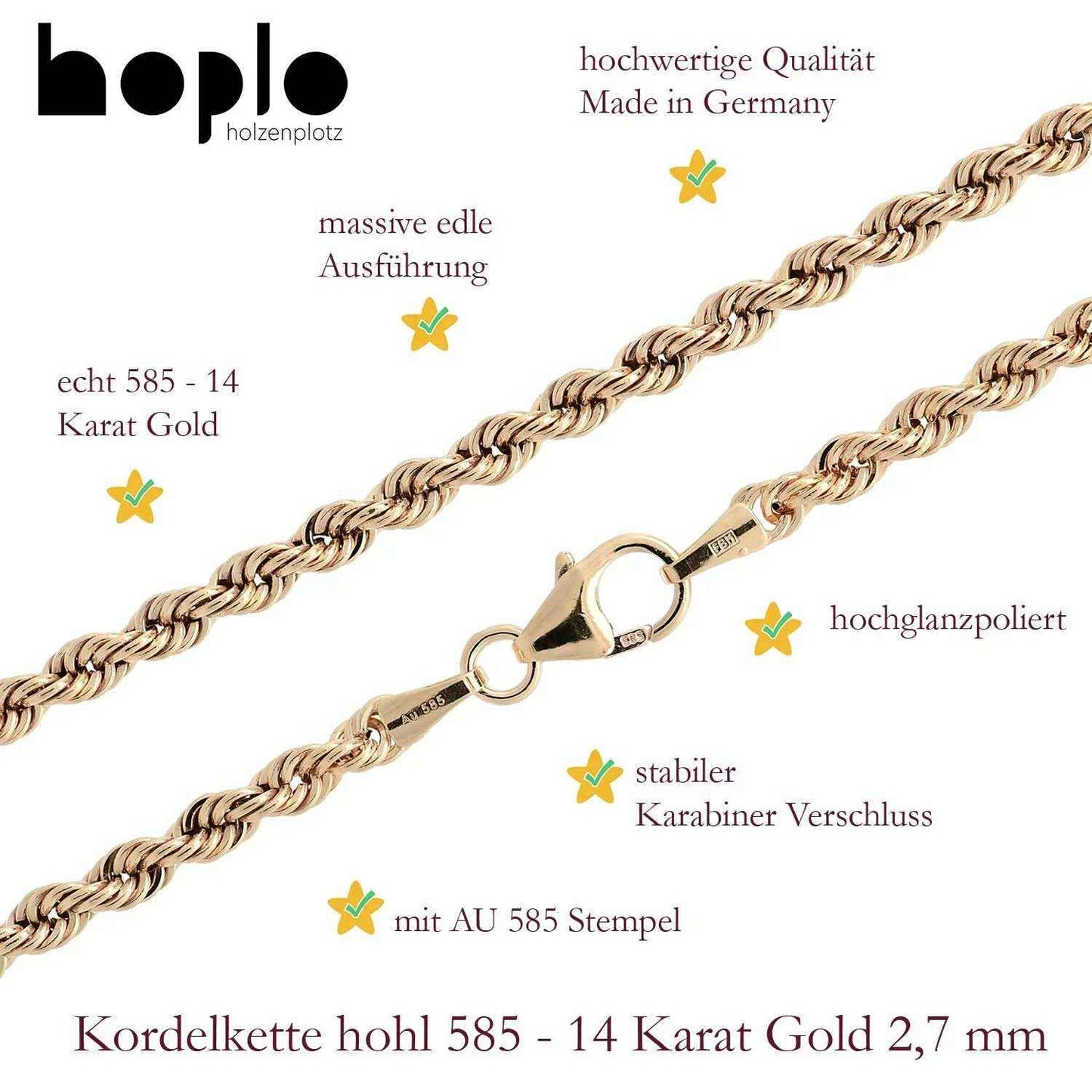 Goldkette Kordelkette hohl Halskette Breite 2,7 mm - 585-14 Karat Gold - Firma Holzenplotz - Silberketten-Goldketten.de 