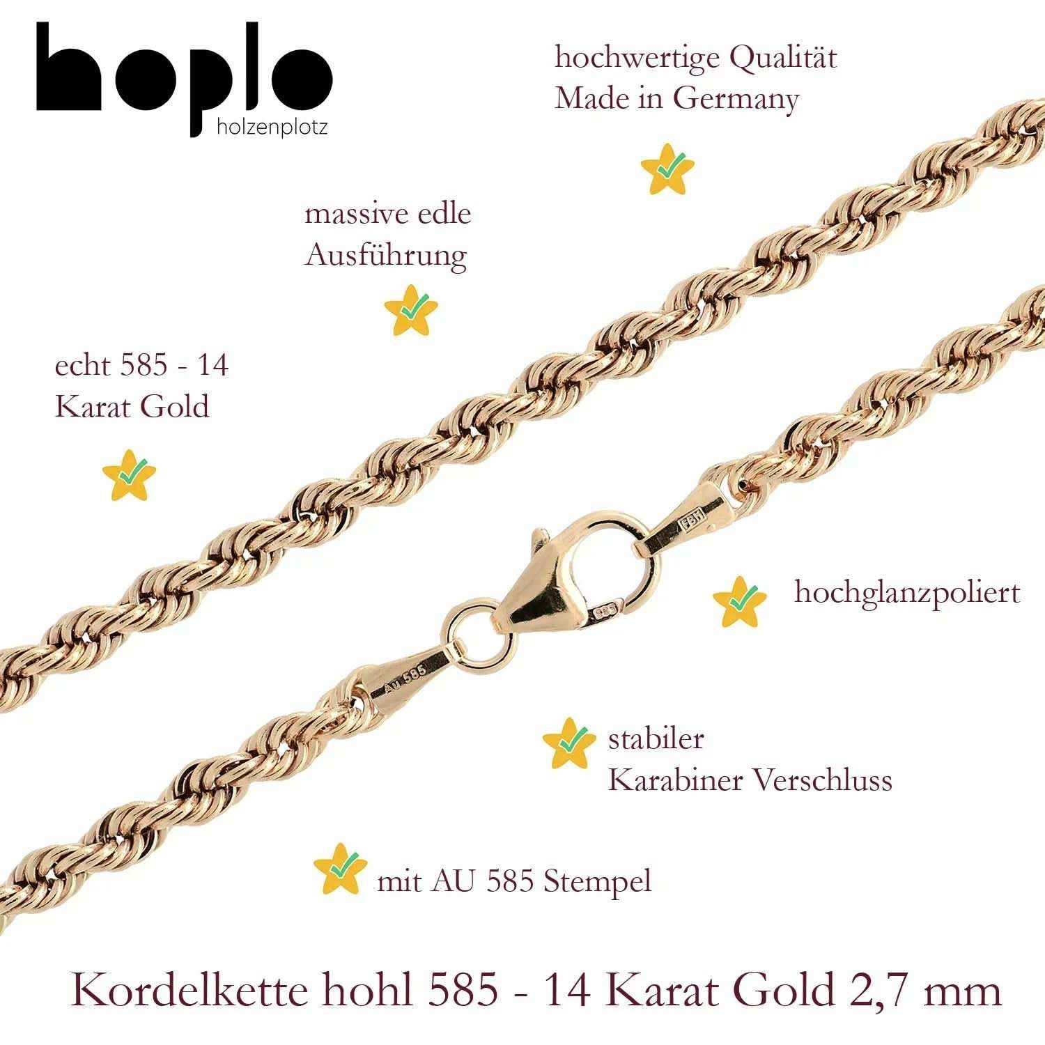 Goldkette Kordelkette hohl Halskette Breite 2,7 mm - 585-14 Karat Gold - Firma Holzenplotz - Silberketten-Goldketten.de 