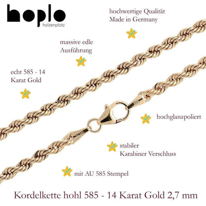 Goldkette Kordelkette hohl Halskette Breite 2,7 mm - 585-14 Karat Gold - Firma Holzenplotz - Silberketten-Goldketten.de 