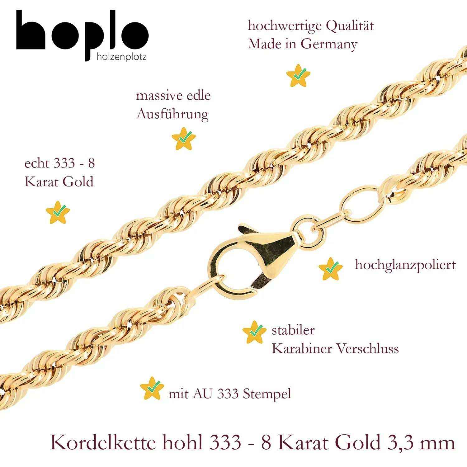 Goldkette Kordelkette hohl Halskette Breite 3,3 mm - 333-8 Karat Gold - Firma Holzenplotz - Silberketten-Goldketten.de 