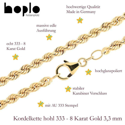 Goldkette Kordelkette hohl Halskette Breite 3,3 mm - 333-8 Karat Gold - Firma Holzenplotz - Silberketten-Goldketten.de 