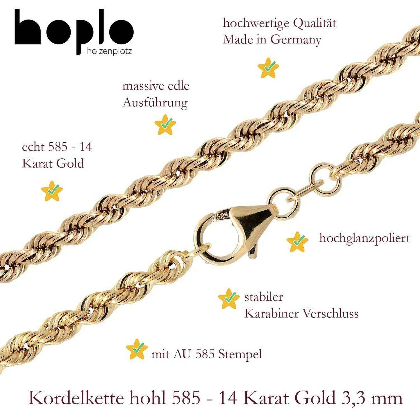 Goldkette Kordelkette hohl Halskette Breite 3,3 mm - 585-14 Karat Gold - Firma Holzenplotz - Silberketten-Goldketten.de 