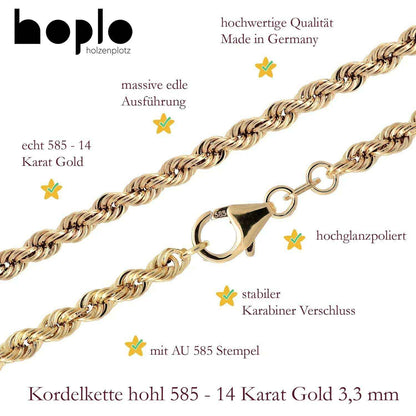 Goldkette Kordelkette hohl Halskette Breite 3,3 mm - 585-14 Karat Gold - Firma Holzenplotz - Silberketten-Goldketten.de 