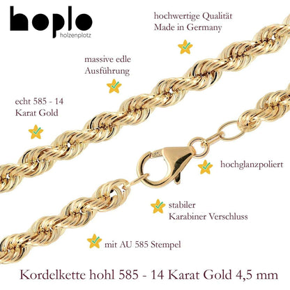 Goldkette Kordelkette hohl Halskette Breite 4,5 mm - 585 - 14 Karat Gold - Firma Holzenplotz - Silberketten - Goldketten.de