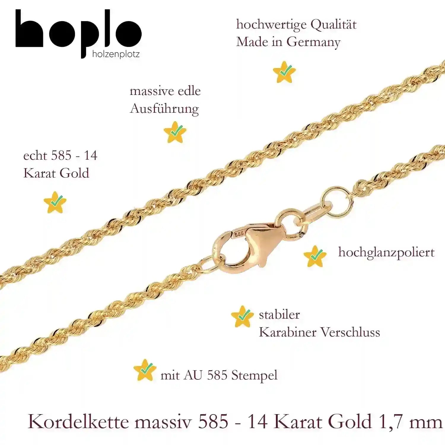Goldkette Kordelkette massiv Halskette 585-14 Karat Gold Breite 1,7mm - Firma Holzenplotz - Silberketten-Goldketten.de 