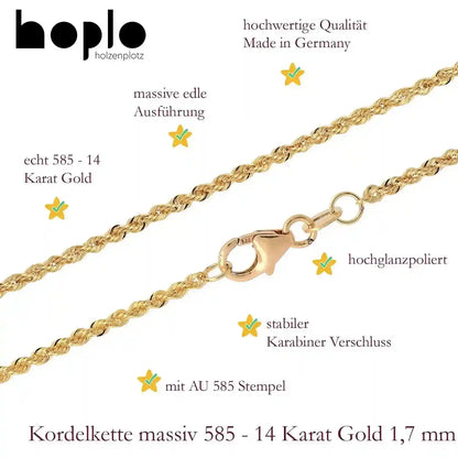 Goldkette Kordelkette massiv Halskette 585-14 Karat Gold Breite 1,7mm - Firma Holzenplotz - Silberketten-Goldketten.de 