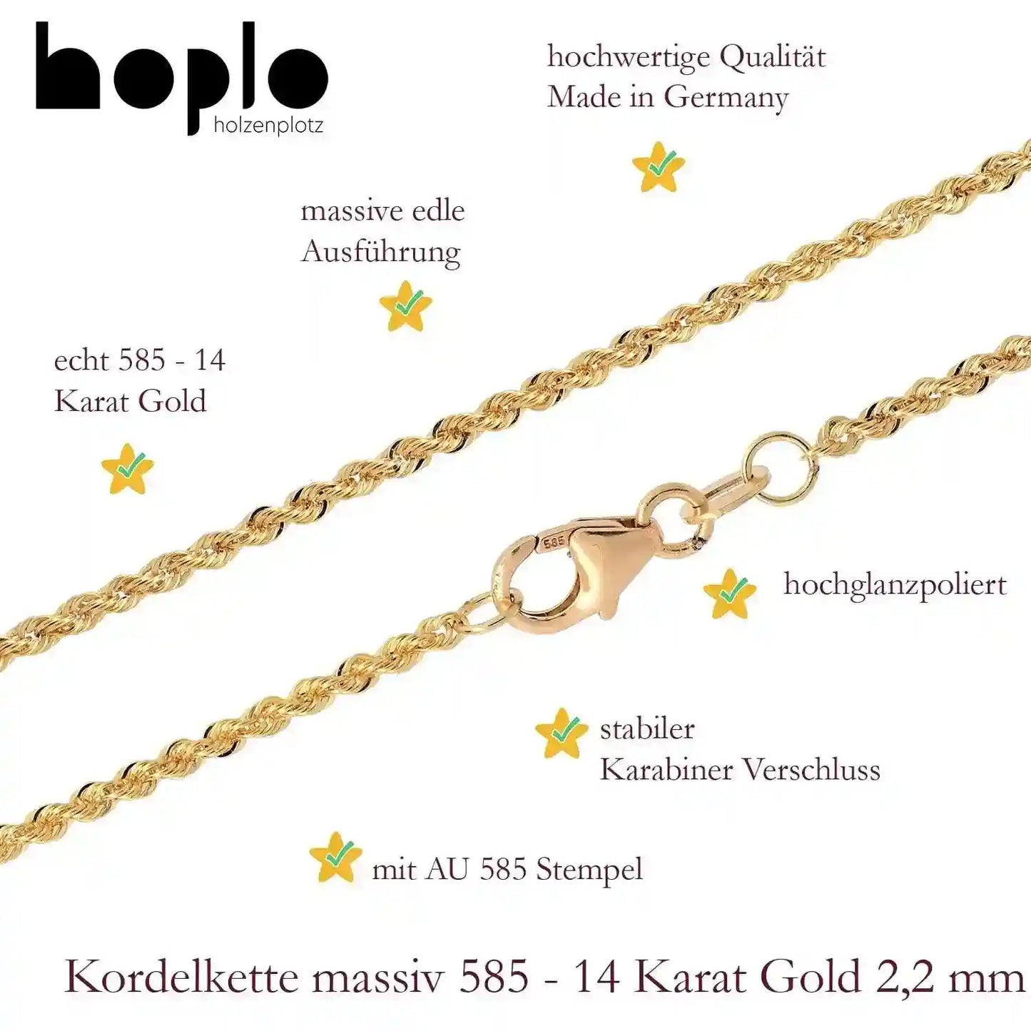 Goldkette Kordelkette massiv Halskette 585-14 Karat Gold Breite 2,2 mm - Firma Holzenplotz - Silberketten-Goldketten.de 