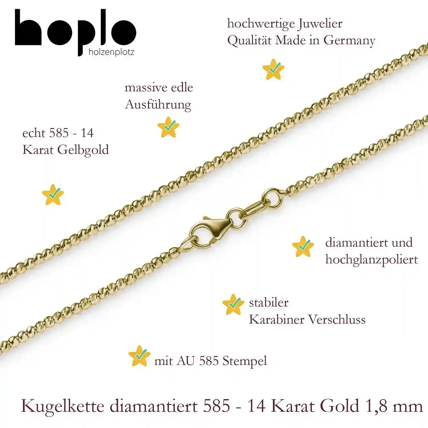 Goldkette Kugelkette diamantiert Breite 1,8mm massiv 585-14 Karat Gold - Firma Holzenplotz - Silberketten-Goldketten.de 