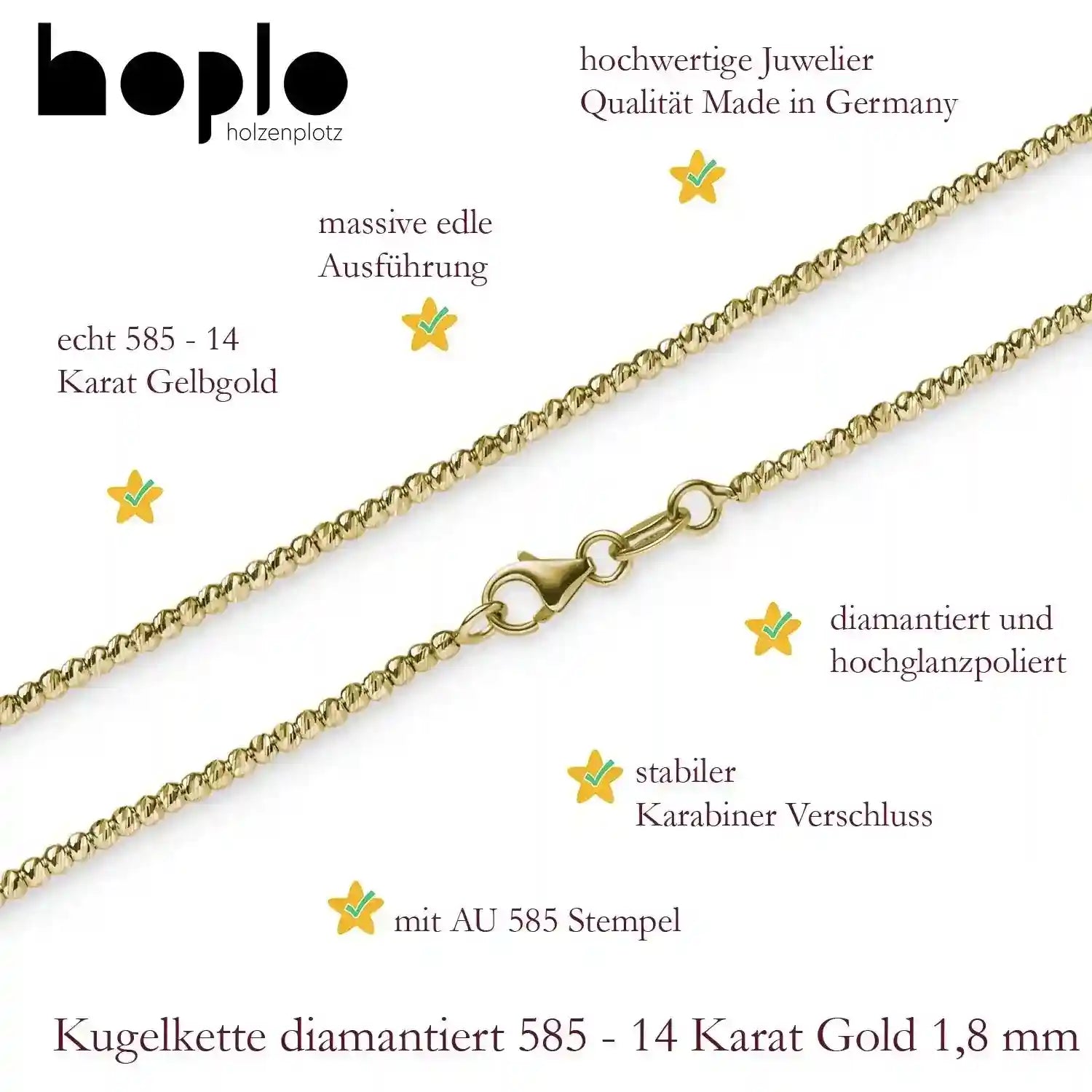 Goldkette Kugelkette diamantiert Breite 1,8mm massiv 585-14 Karat Gold - Firma Holzenplotz - Silberketten-Goldketten.de 