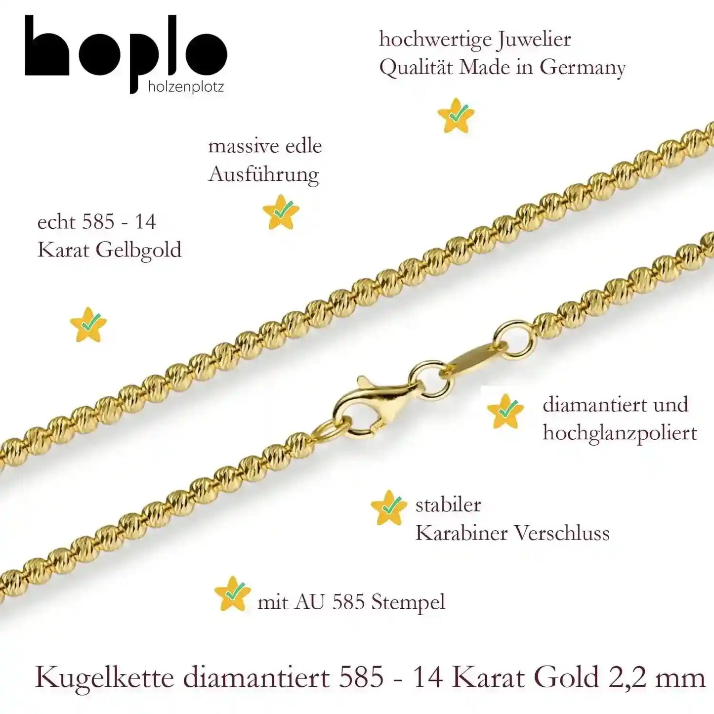 Goldkette Kugelkette diamantiert Breite 2,2mm massiv 585-14 Karat Gold - Firma Holzenplotz - Silberketten-Goldketten.de 