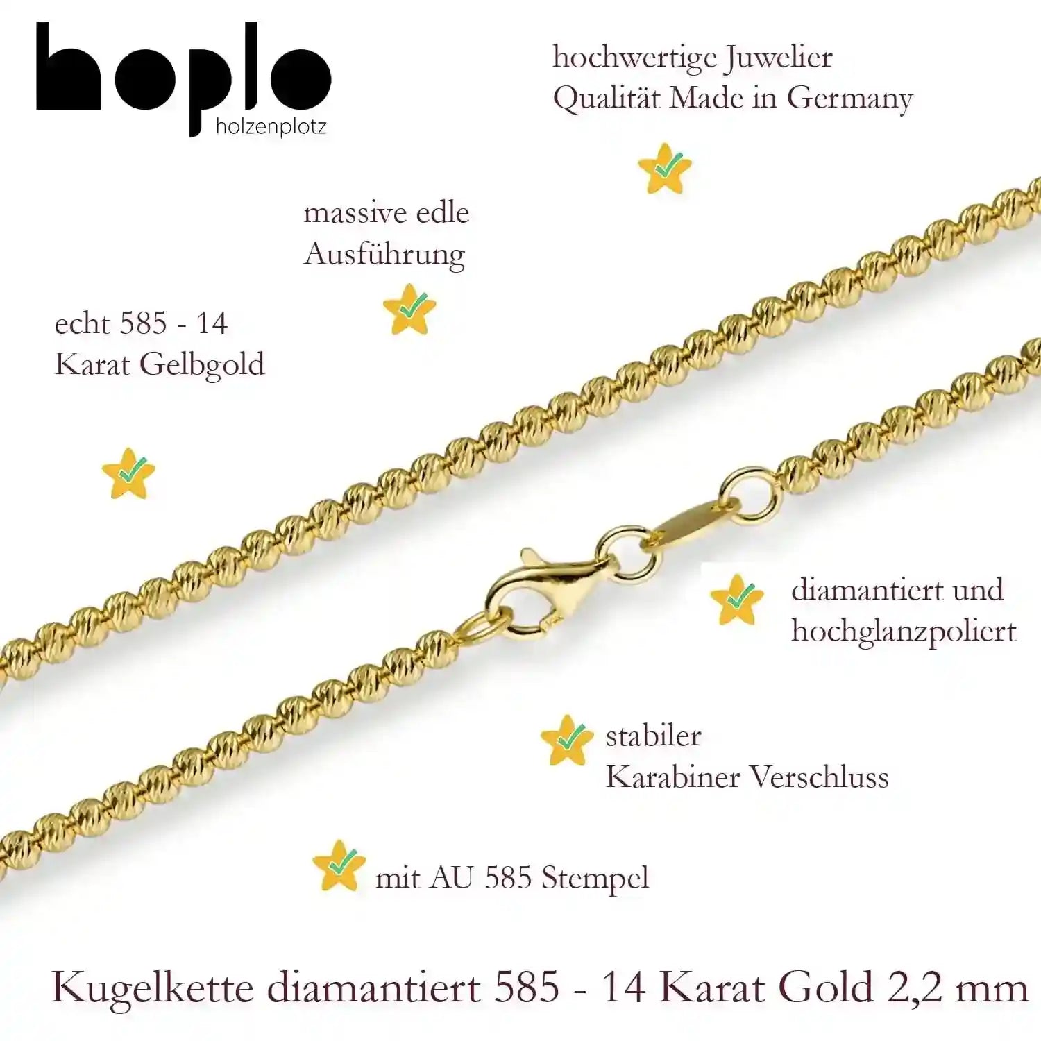 Goldkette Kugelkette diamantiert Breite 2,2mm massiv 585-14 Karat Gold - Firma Holzenplotz - Silberketten-Goldketten.de 