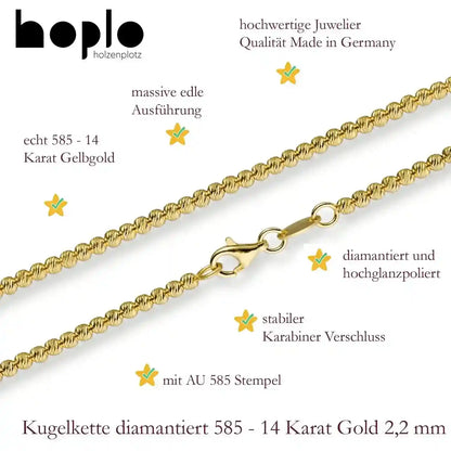 Goldkette Kugelkette diamantiert Breite 2,2mm massiv 585-14 Karat Gold - Firma Holzenplotz - Silberketten-Goldketten.de 