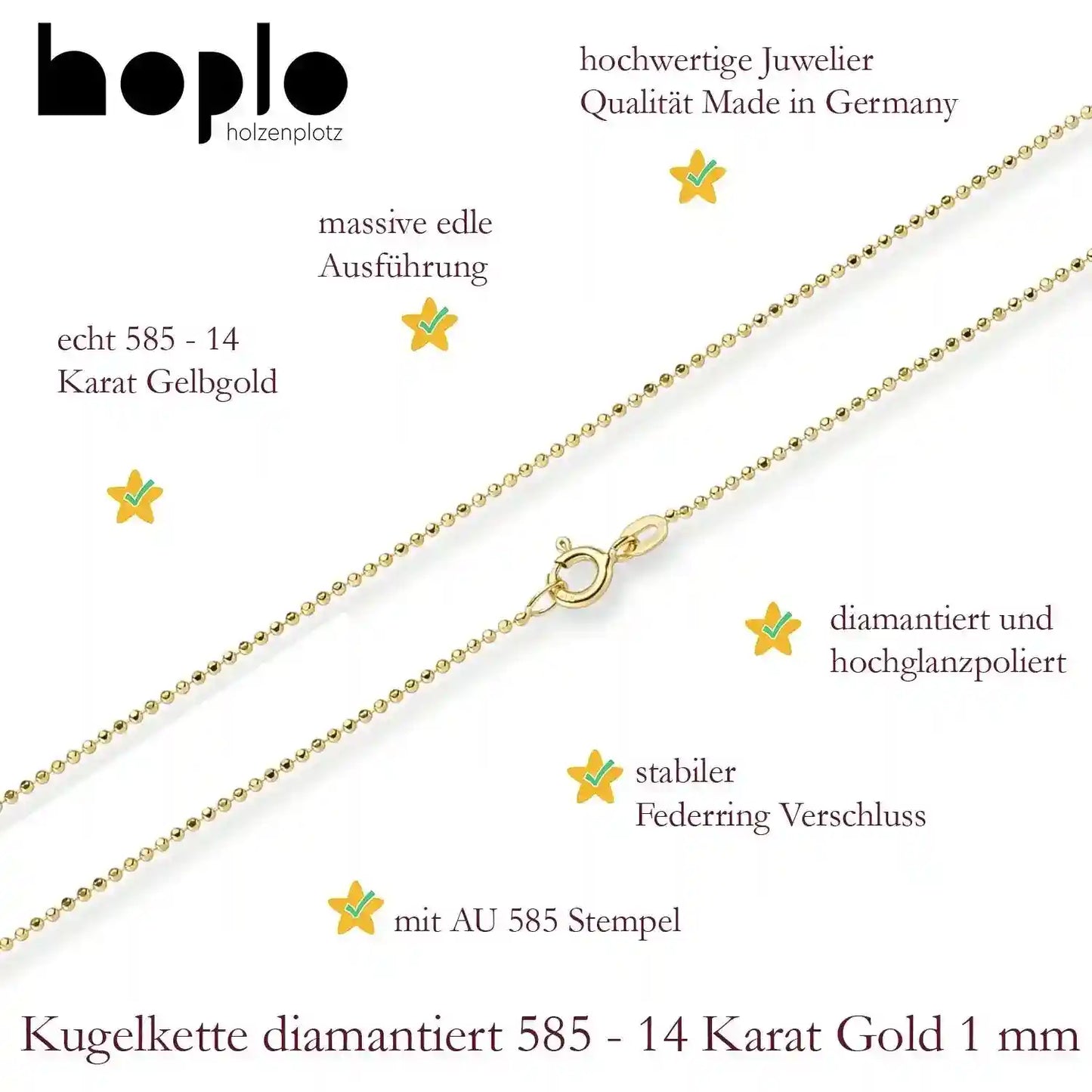 Goldkette Kugelkette Halskette Breite 1 mm massiv 585-14 Karat Gold - Firma Holzenplotz - Silberketten-Goldketten.de 