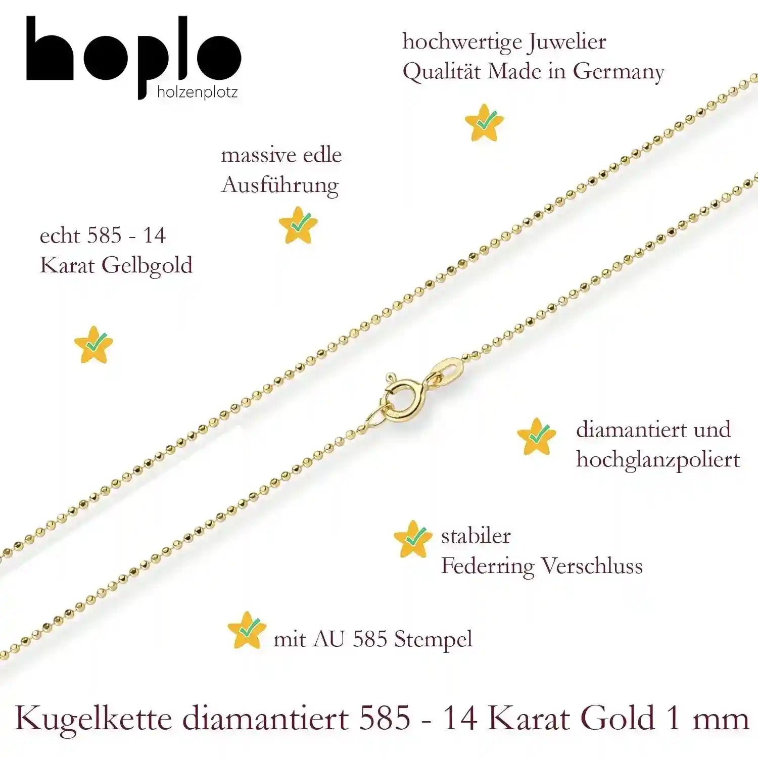 Goldkette Kugelkette Halskette Breite 1 mm massiv 585-14 Karat Gold - Firma Holzenplotz - Silberketten-Goldketten.de 
