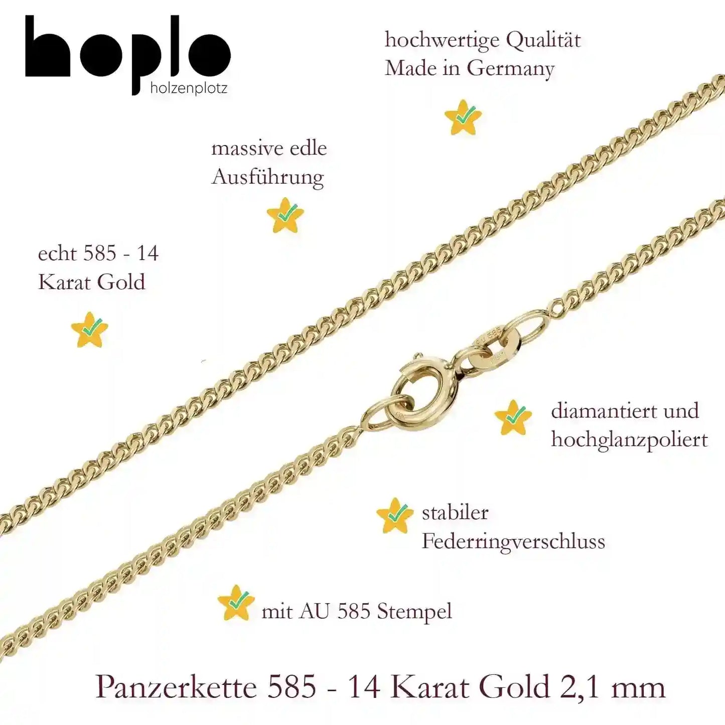 Goldkette Panzerkette Halskette Breite 2,1 mm massiv 585-14 Karat Gold - Firma Holzenplotz - Silberketten-Goldketten.de 