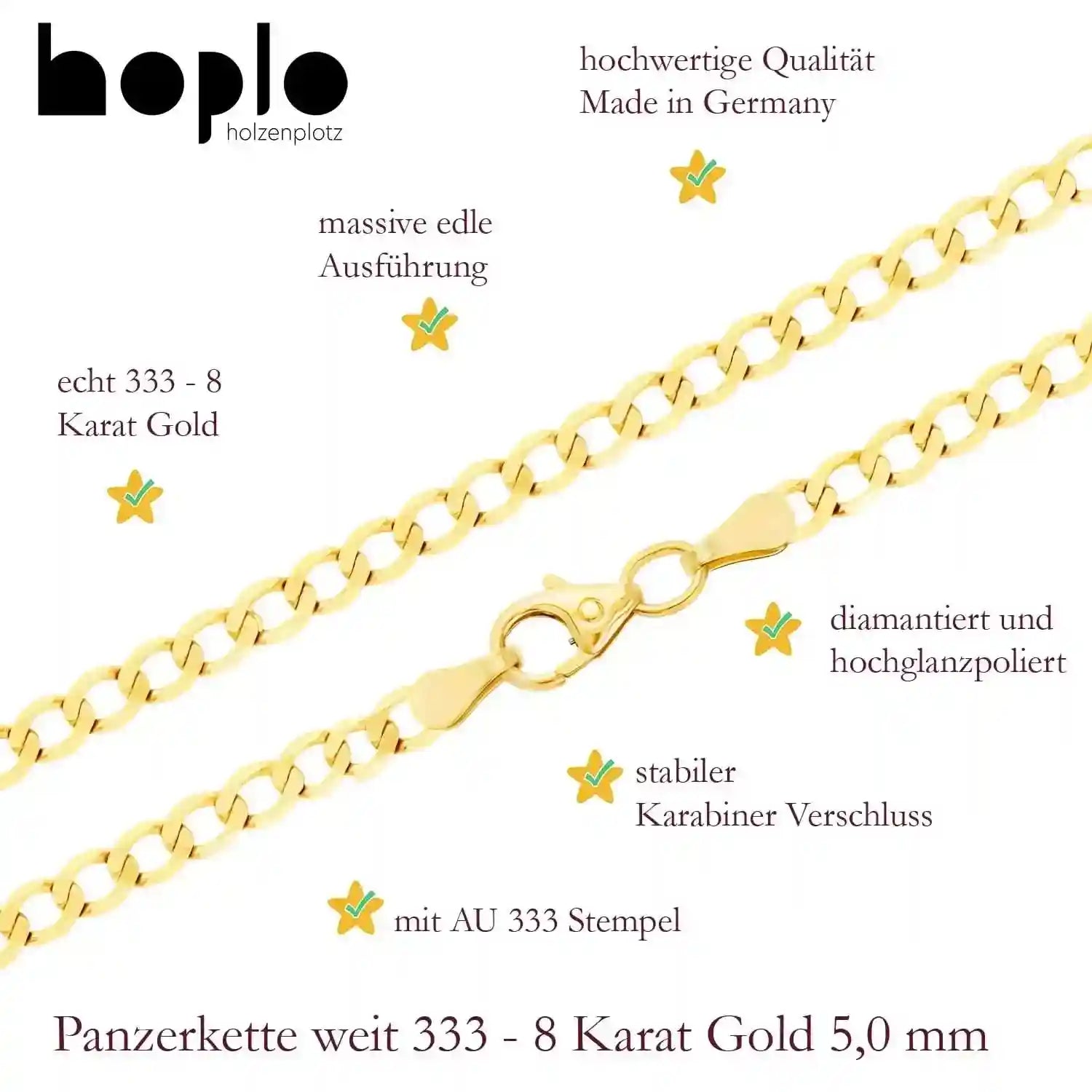 Goldkette Panzerkette Halskette Breite 5,0 mm weit 333 - 8 Karat Gold - Firma Holzenplotz - Silberketten-Goldketten.de 