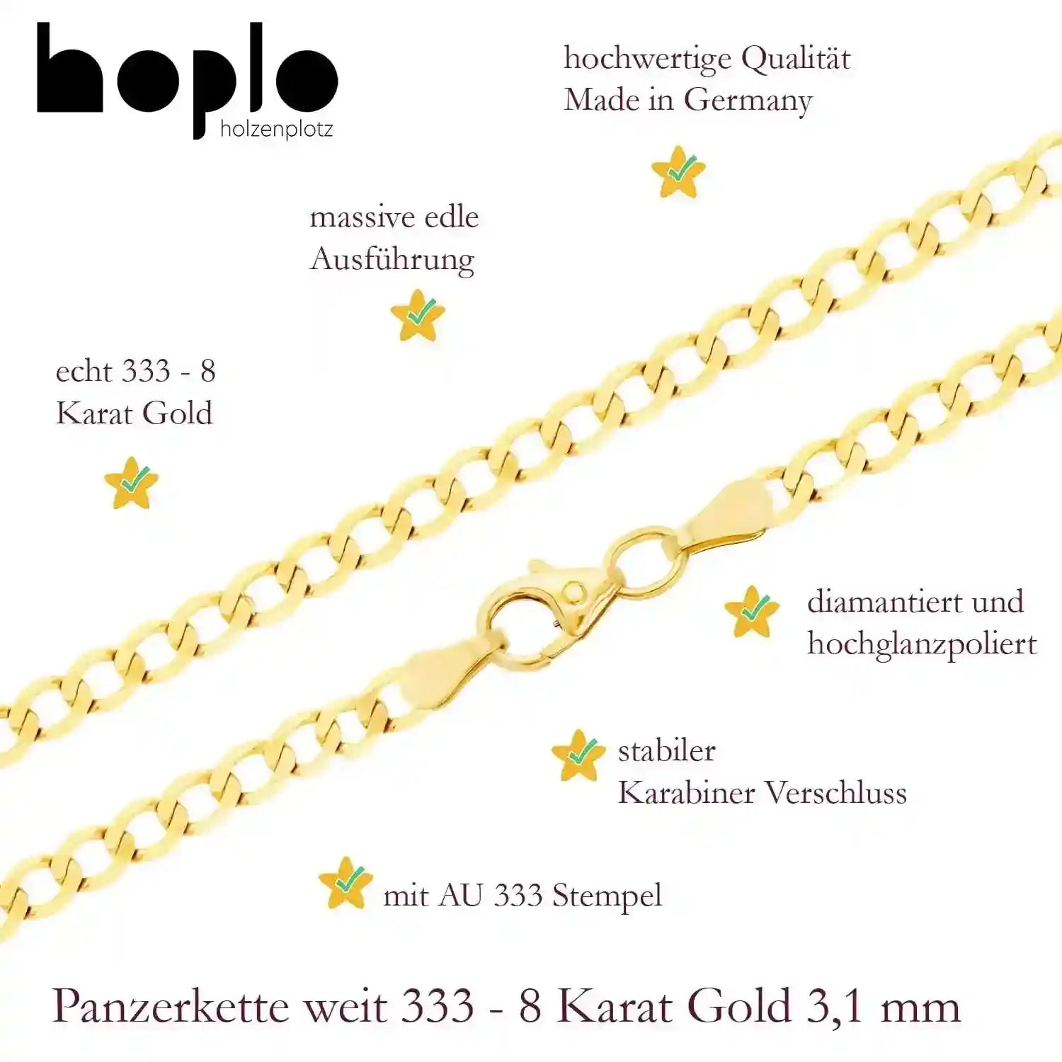 Goldkette Panzerkette weit Breite 3,3mm - 333-8 Karat Gold - Firma Holzenplotz - Silberketten-Goldketten.de 