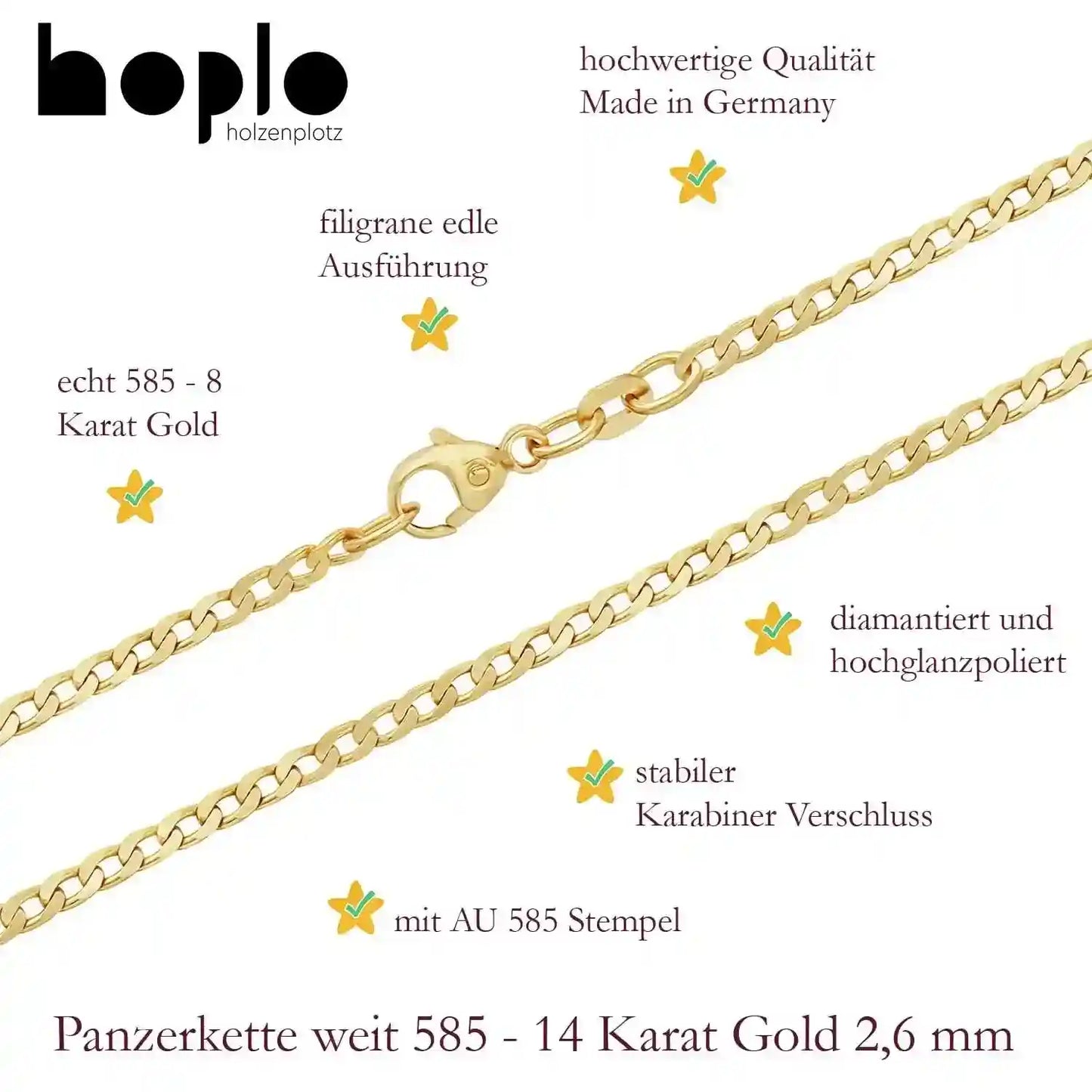 Goldkette Panzerkette weit Halskette 2,6 mm massiv 585-14 Karat Gold - Firma Holzenplotz - Silberketten-Goldketten.de 