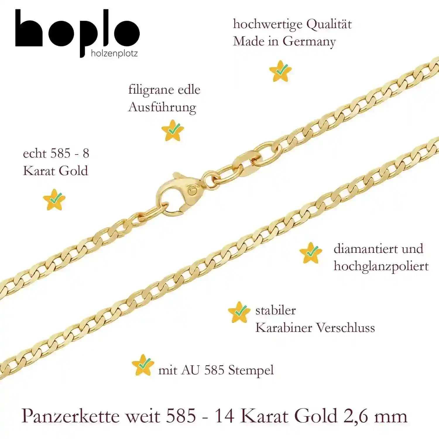 Goldkette Panzerkette weit Halskette 2,6 mm massiv 585-14 Karat Gold - Firma Holzenplotz - Silberketten-Goldketten.de 