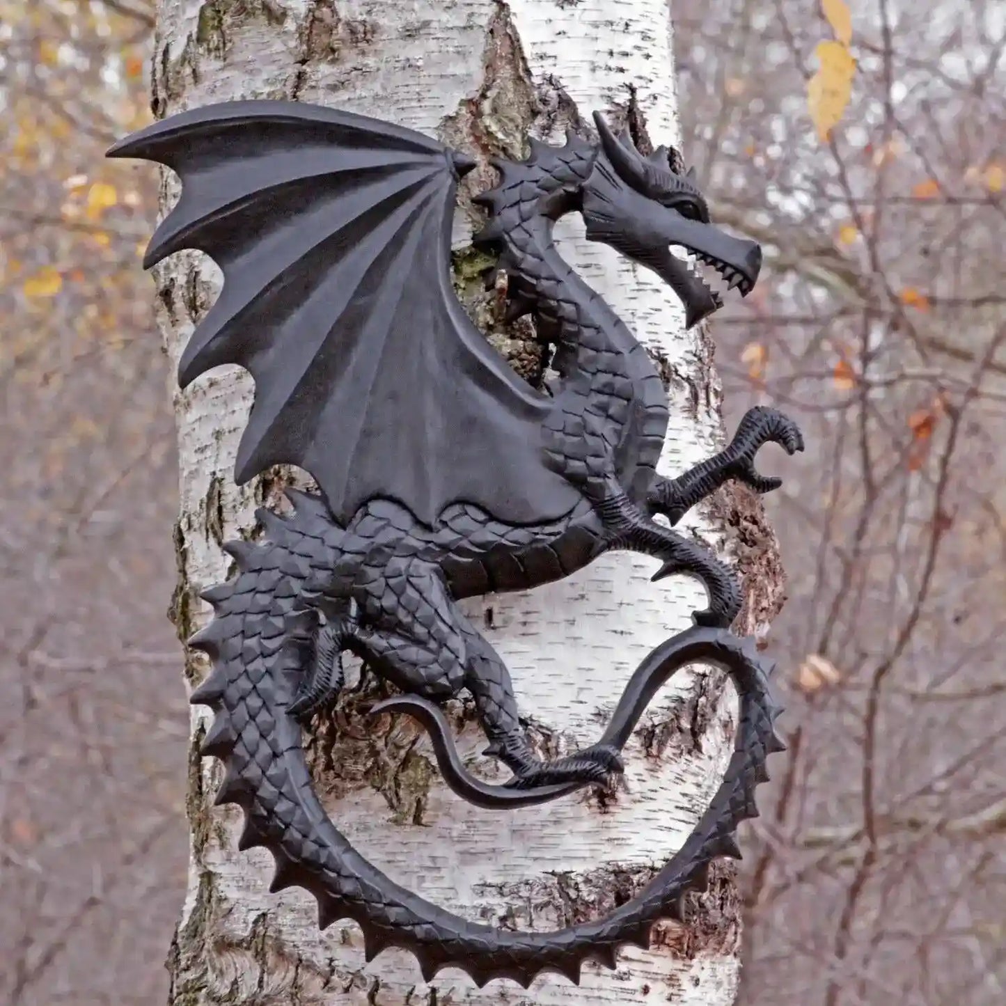Großer Drache Schwarz Handarbeit Wandbild Holz geschnitztes Ornament W - Firma Holzenplotz - Silberketten-Goldketten.de 