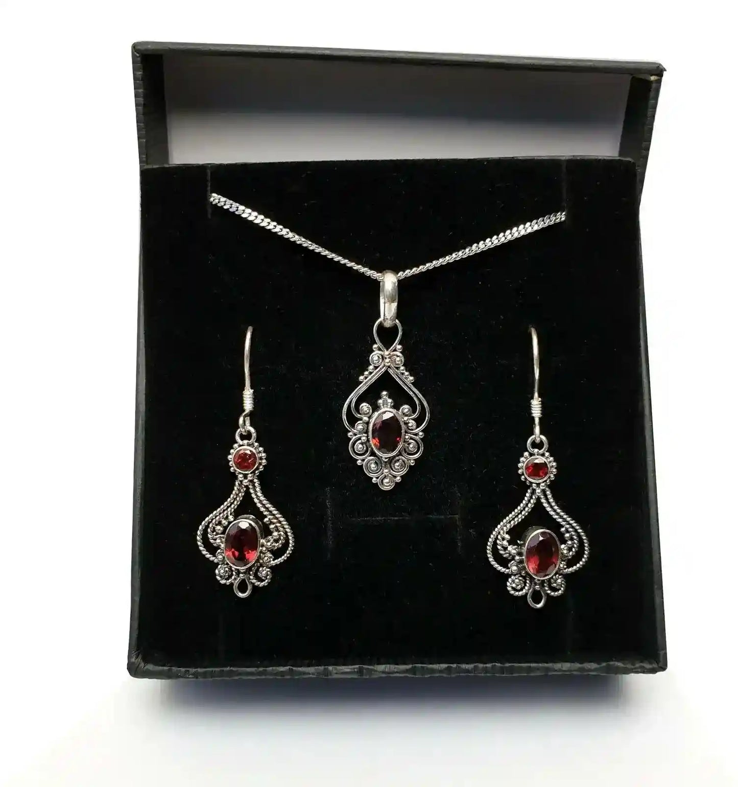 Jugendstil Granat Schmuck SET Ohrhänger Ohrringe Anhänger Echtsilber S