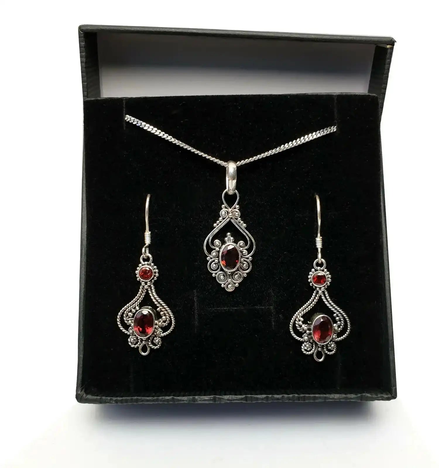Jugendstil Granat Schmuck SET Ohrhänger Ohrringe Anhänger Echtsilber S - Firma Holzenplotz - Silberketten - Goldketten.de