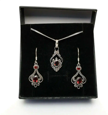 Jugendstil Granat Schmuck SET Ohrhänger Ohrringe Anhänger Echtsilber S