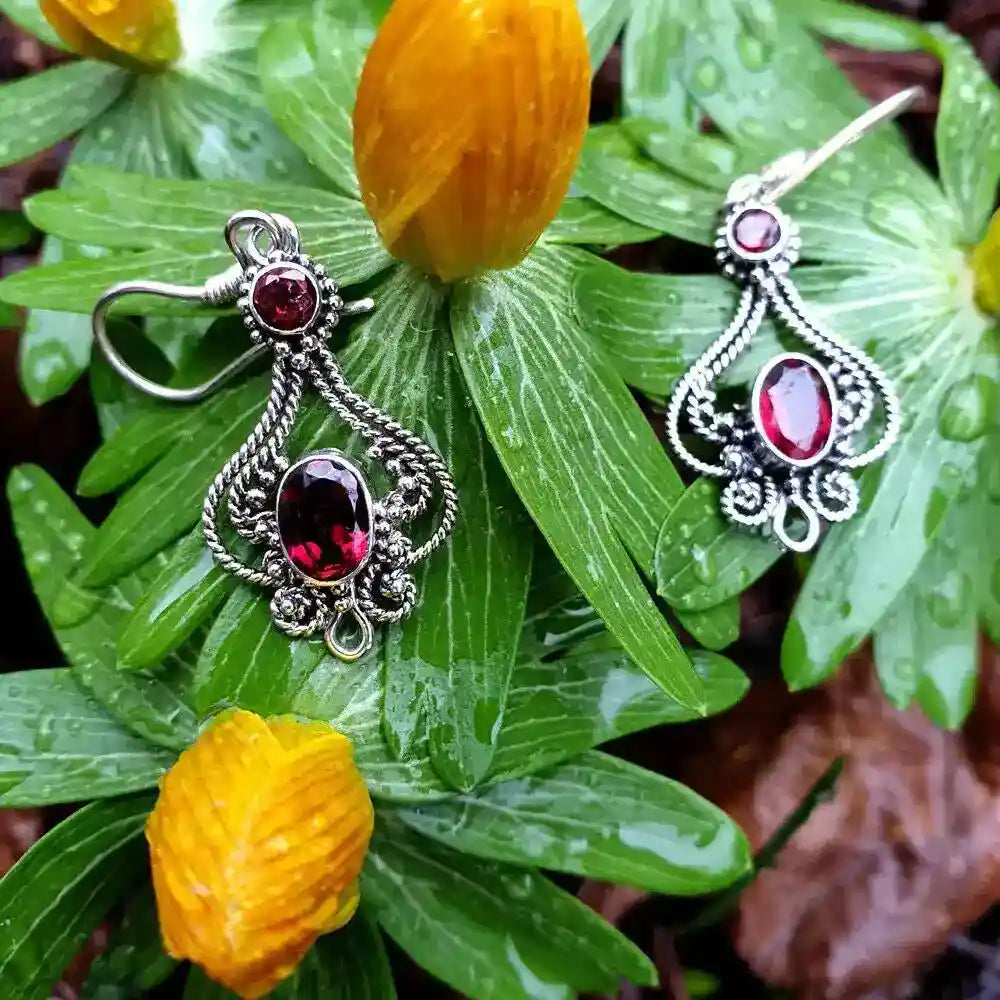 Jugendstil Granat Schmuck SET Ohrhänger Ohrringe Anhänger Echtsilber S