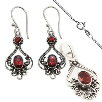 Jugendstil Granat Schmuck SET Ohrhänger Ohrringe Anhänger Echtsilber S