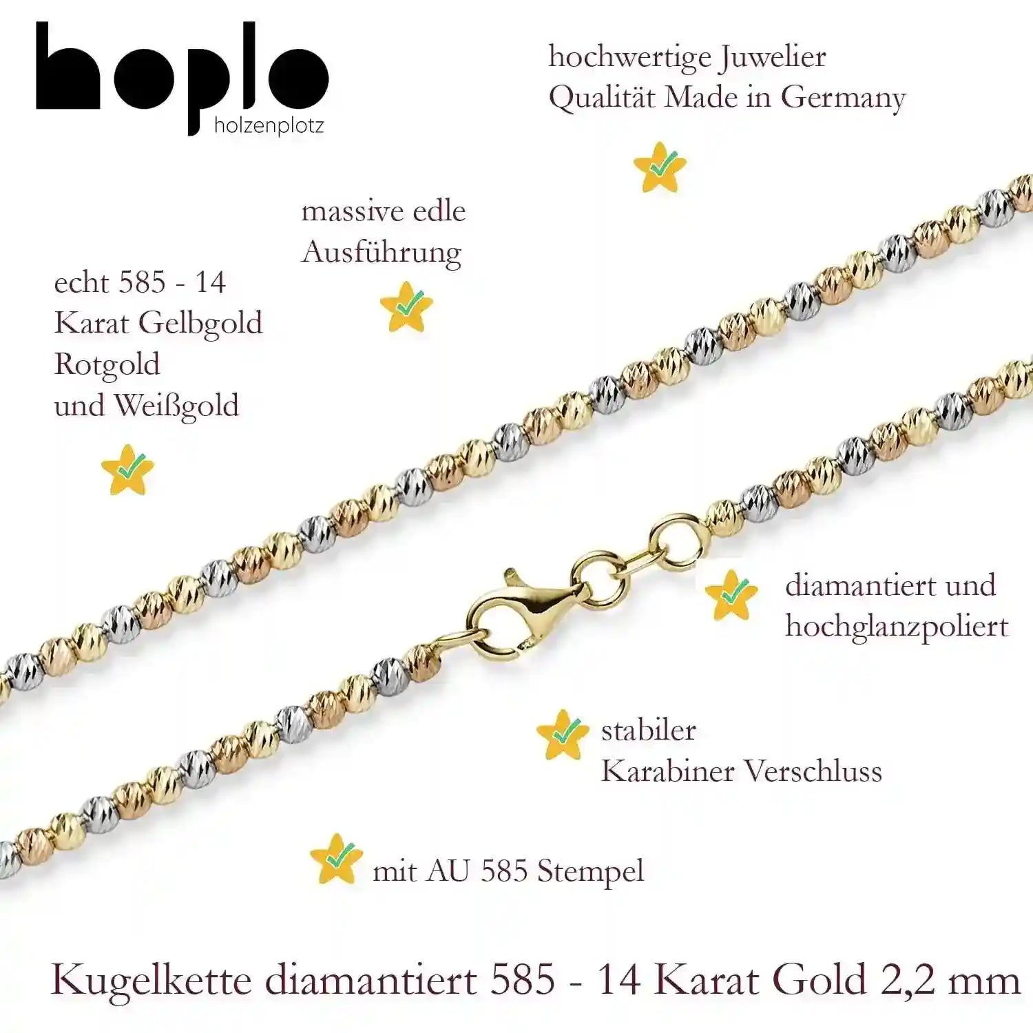 Kugelkette diamantiert 2,2 mm 585-14 Karat Gelbgold Rotgold Weißgold - Firma Holzenplotz - Silberketten-Goldketten.de 