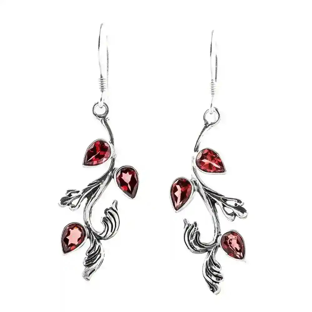 Ohranhänger Set Silber Kette Anhänger Blätter Granat Granatstein ROT 925 Silber