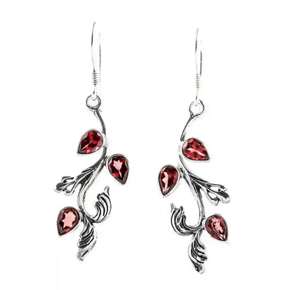 Ohranhänger Set Silber Kette Anhänger Blätter Granat Granatstein ROT 925 Silber