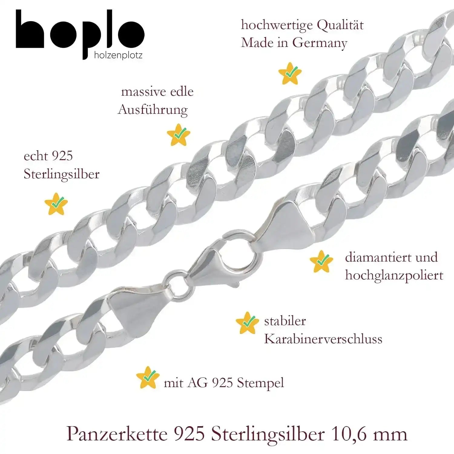 Panzerkette Halskette Breite 10,6 mm - 925 Sterlingsilber Auswahl - Firma Holzenplotz - Silberketten - Goldketten.de
