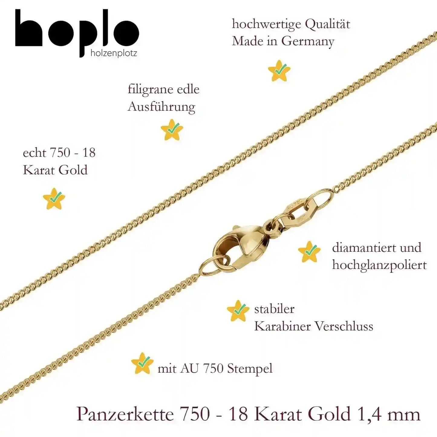 Panzerkette Halskette Breite 1,4 mm - 750 - 18 Karat Gold Auswahl - Firma Holzenplotz - Silberketten-Goldketten.de 