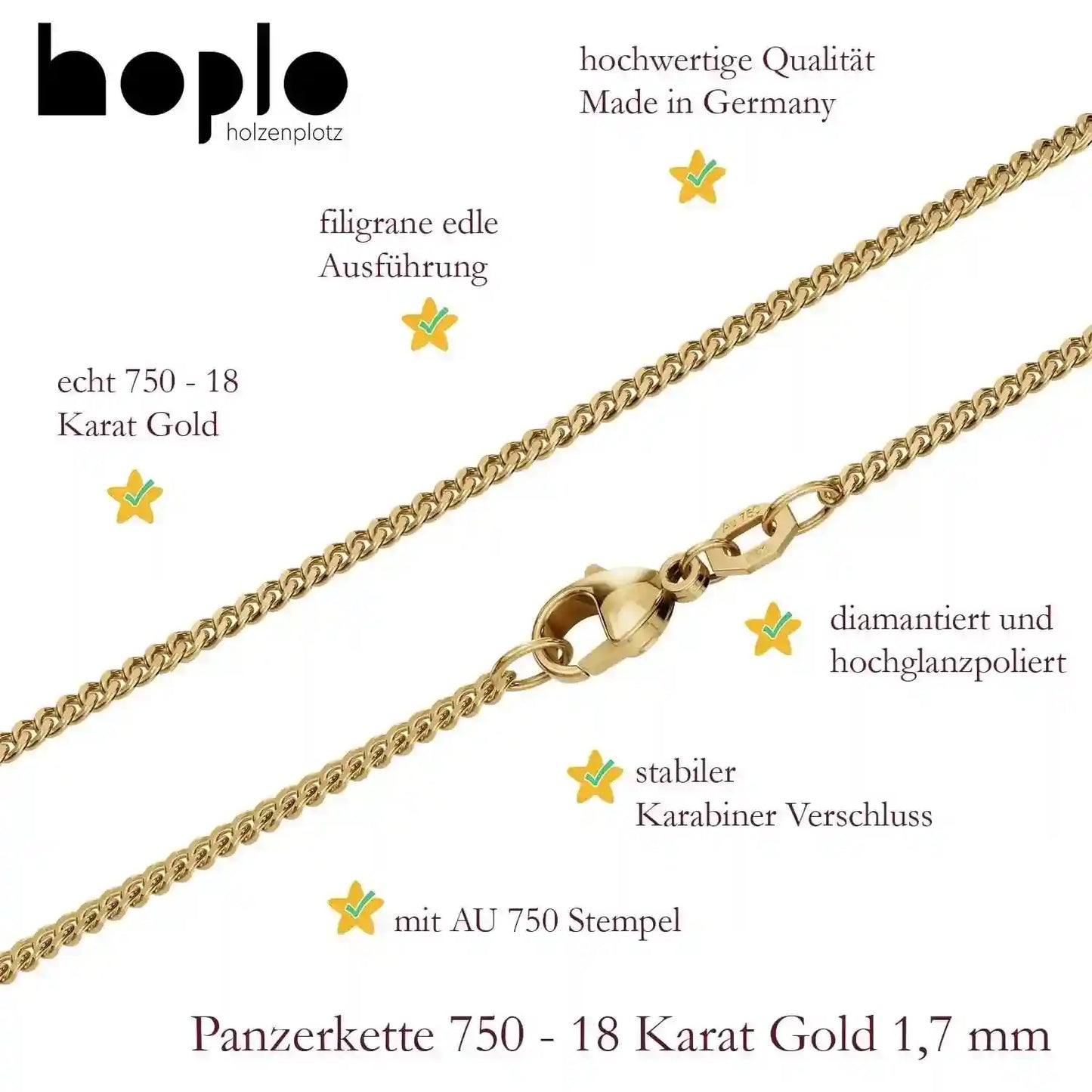 Panzerkette Halskette Breite 1,7 mm - 750 - 18 Karat Gold Auswahl - Firma Holzenplotz - Silberketten-Goldketten.de 