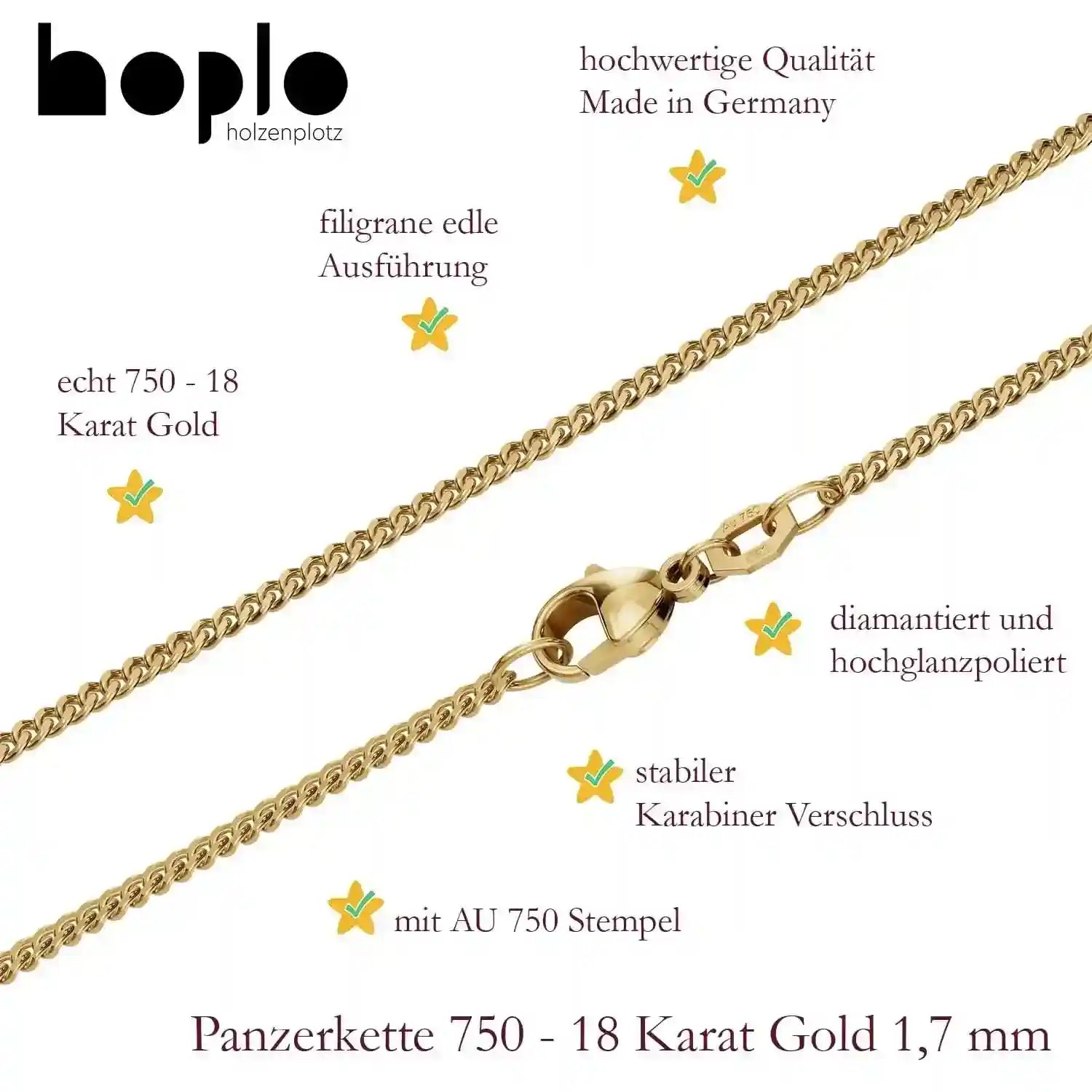 Panzerkette Halskette Breite 1,7 mm - 750 - 18 Karat Gold Auswahl - Firma Holzenplotz - Silberketten-Goldketten.de 