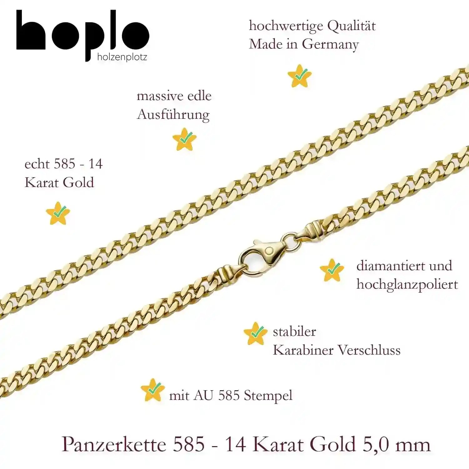 Panzerkette Halskette Breite 5,0 mm - 585 - 14 Karat Gold Auswahl - Firma Holzenplotz - Silberketten-Goldketten.de 