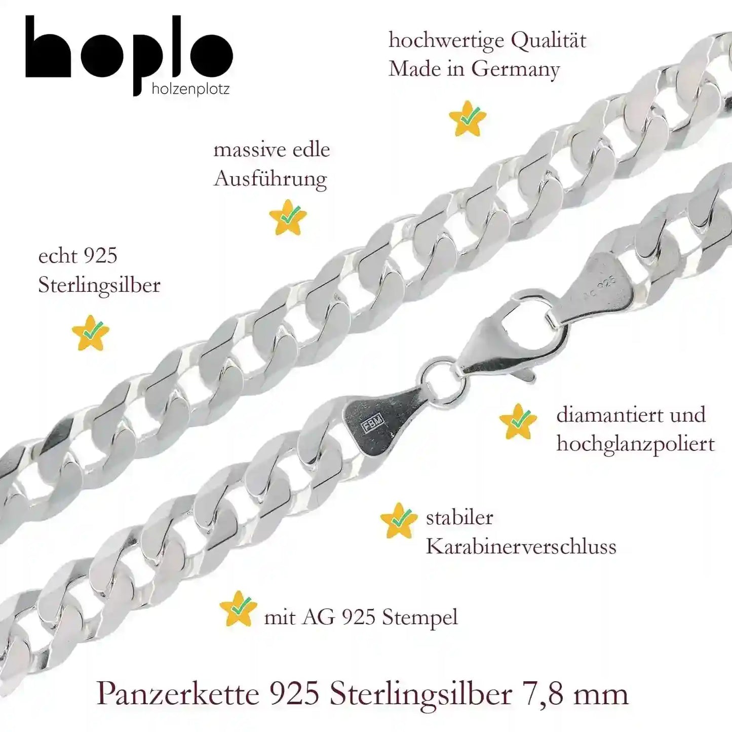 Panzerkette Halskette Breite 7,8 mm - 925 Sterlingsilber Auswahl - Firma Holzenplotz - Silberketten-Goldketten.de 
