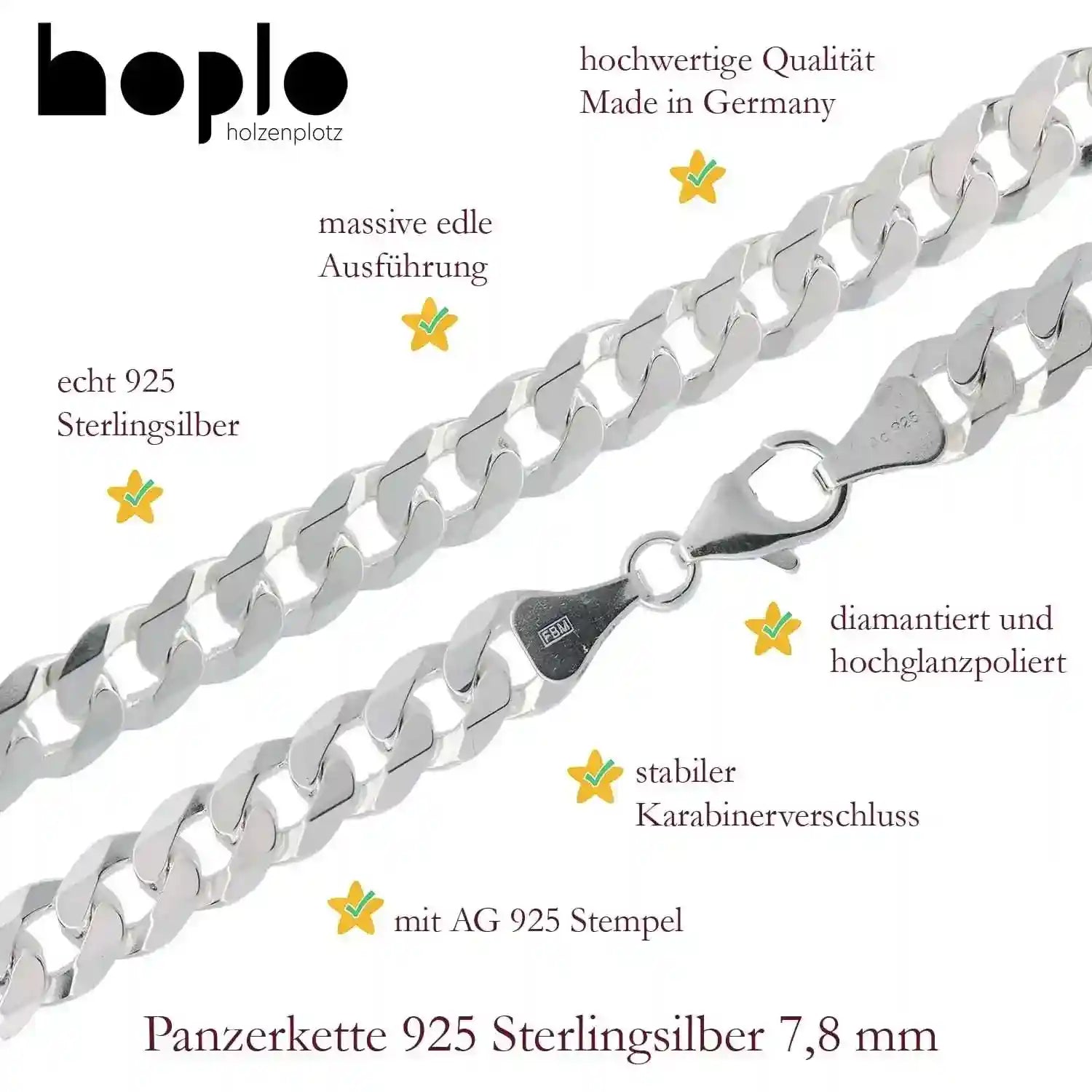 Panzerkette Halskette Breite 7,8 mm - 925 Sterlingsilber Auswahl - Firma Holzenplotz - Silberketten-Goldketten.de 