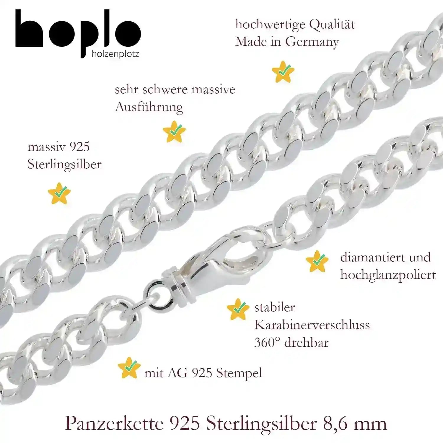 Panzerkette Halskette Breite 8,6 mm - 925 Sterlingsilber Auswahl - Firma Holzenplotz - Silberketten-Goldketten.de 