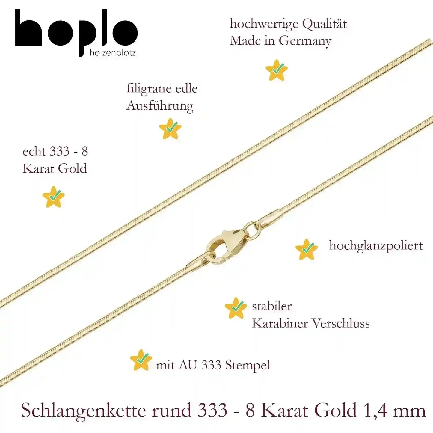 Schlangenkette Halskette Breite 1,4 mm - 333 - 8 Karat Gold Auswahl