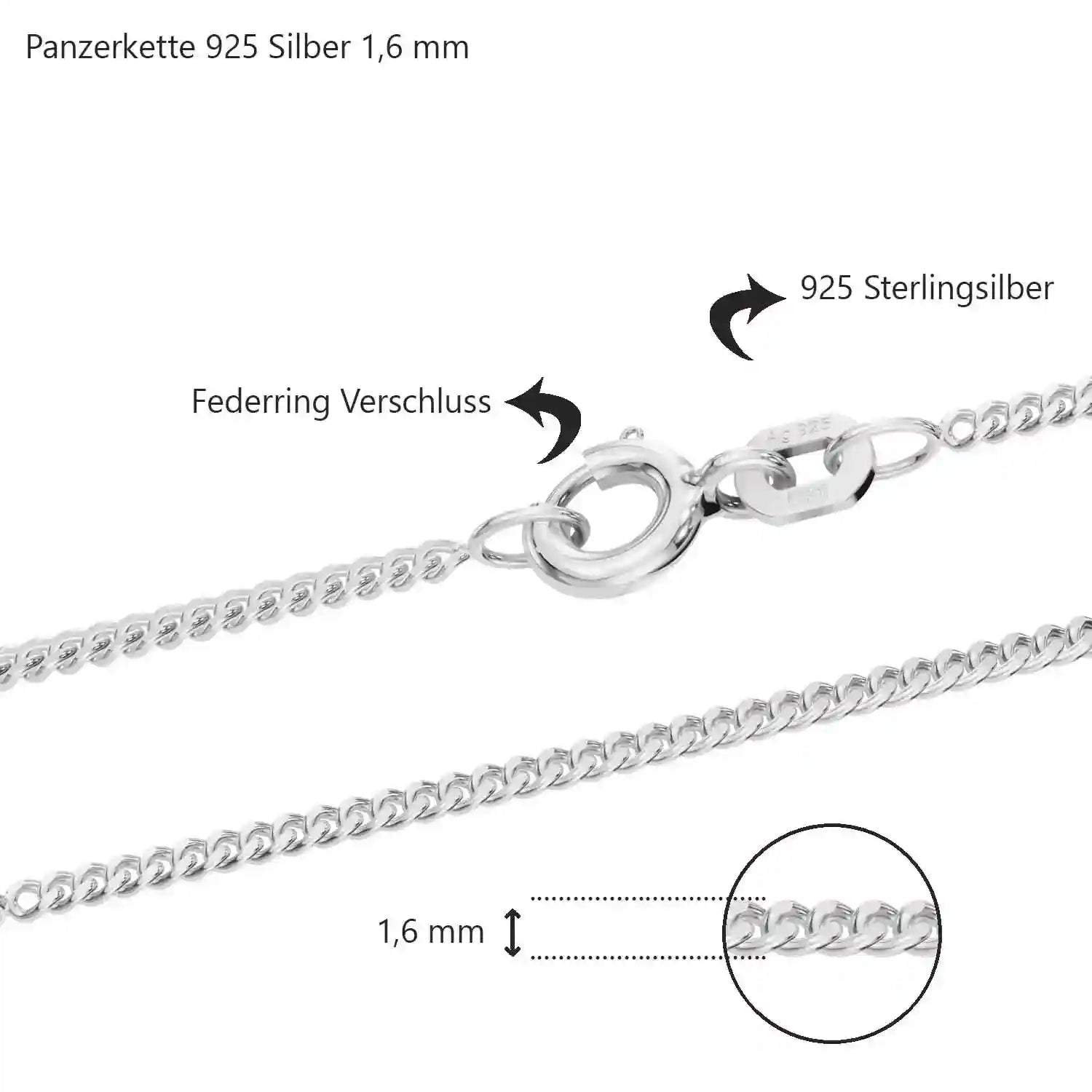 Silberkette Panzerkette Halskette Breite 1,6 mm echt massiv 925 Silber - Firma Holzenplotz - Silberketten-Goldketten.de 